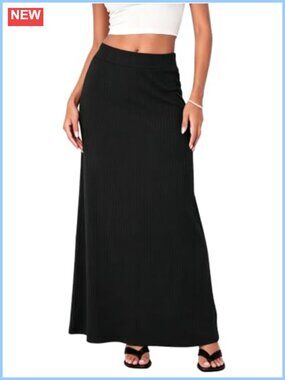 Ribbed Knit High Waist Maxi Skirt Ankle Length Comfortable Long Skirt